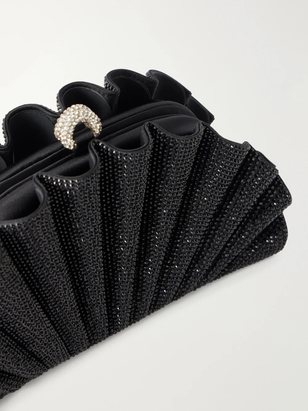 Close-up detail of the Judith Leiber Couture Origami Fan Crystal-embellished Satin Clutch