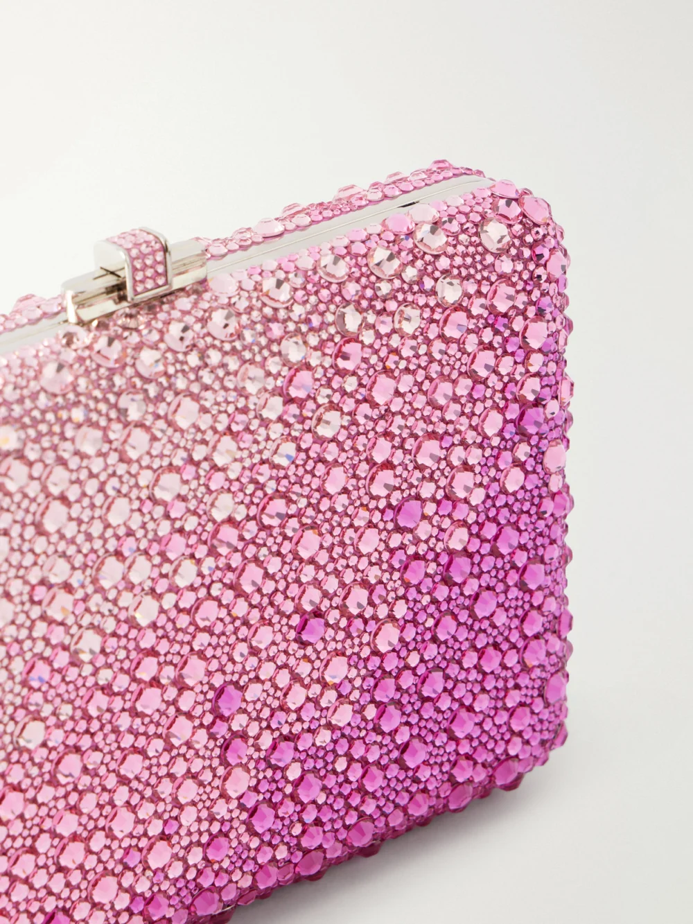 Close-up detail of the Judith Leiber Couture Slim Slide Crystal-embellished Silver-tone Clutch