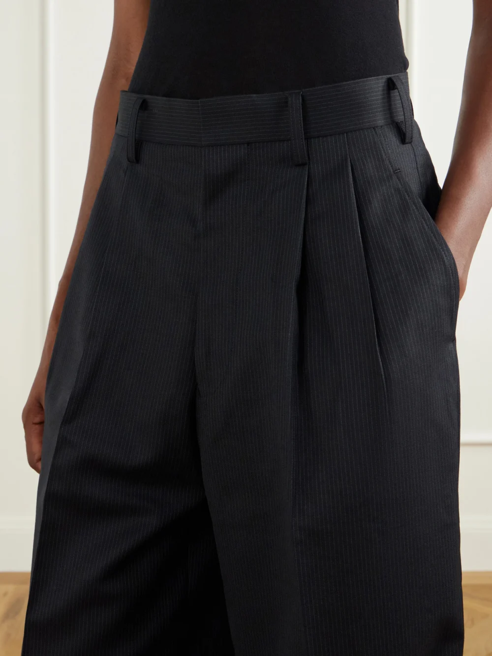 Close-up detail of the Junya Watanabe Pinstriped Wool-blend Wide-leg Pants