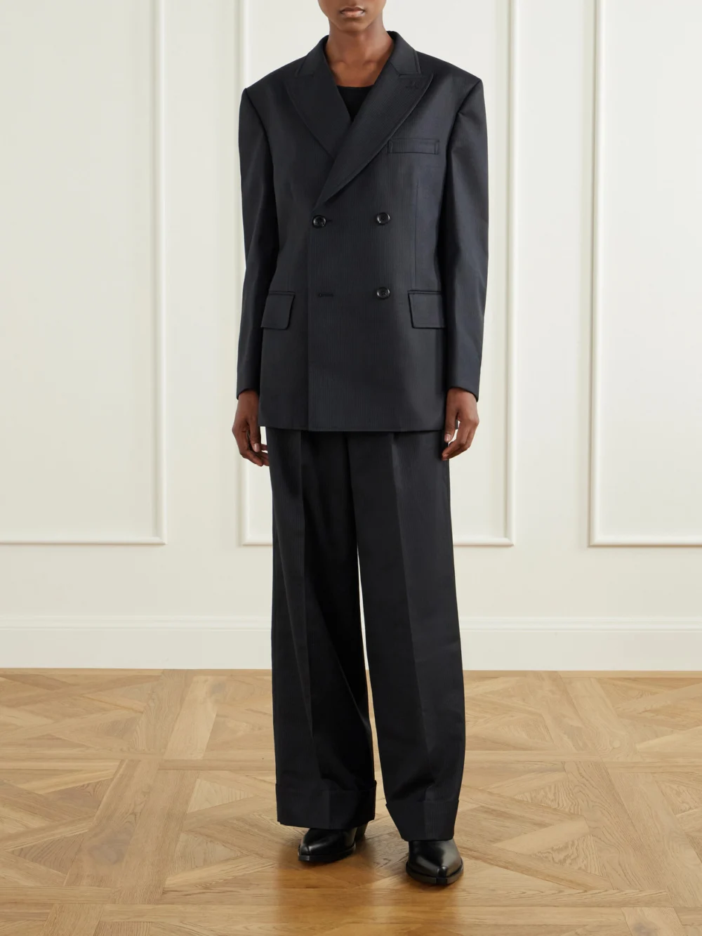 Junya Watanabe Pinstriped Wool-blend Wide-leg Pants, worn by a model