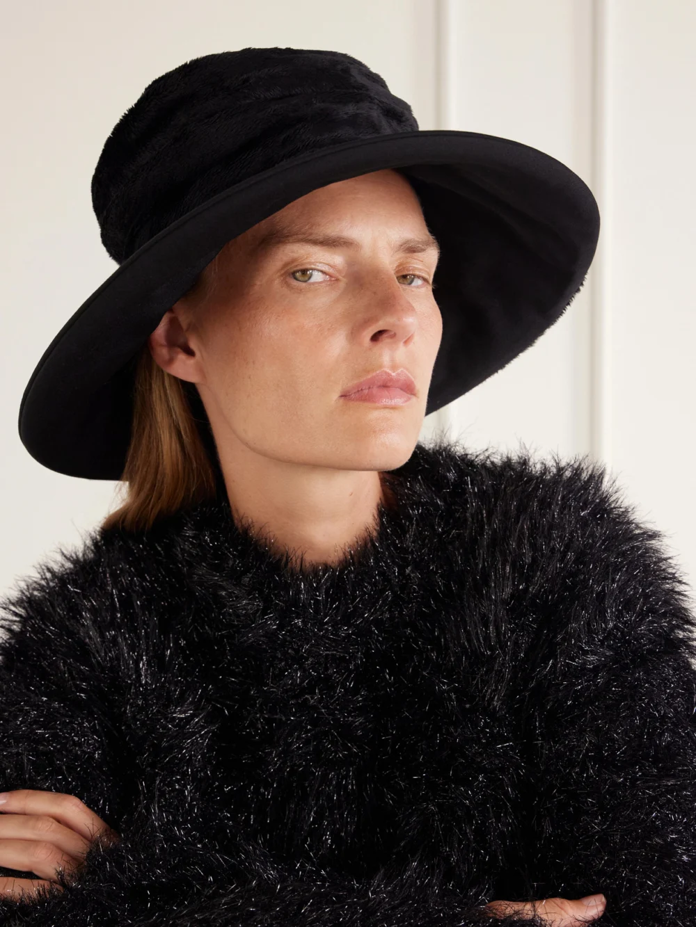 Junya Watanabe Plush and Wool-gabardine Wide Brim Hat, styled view