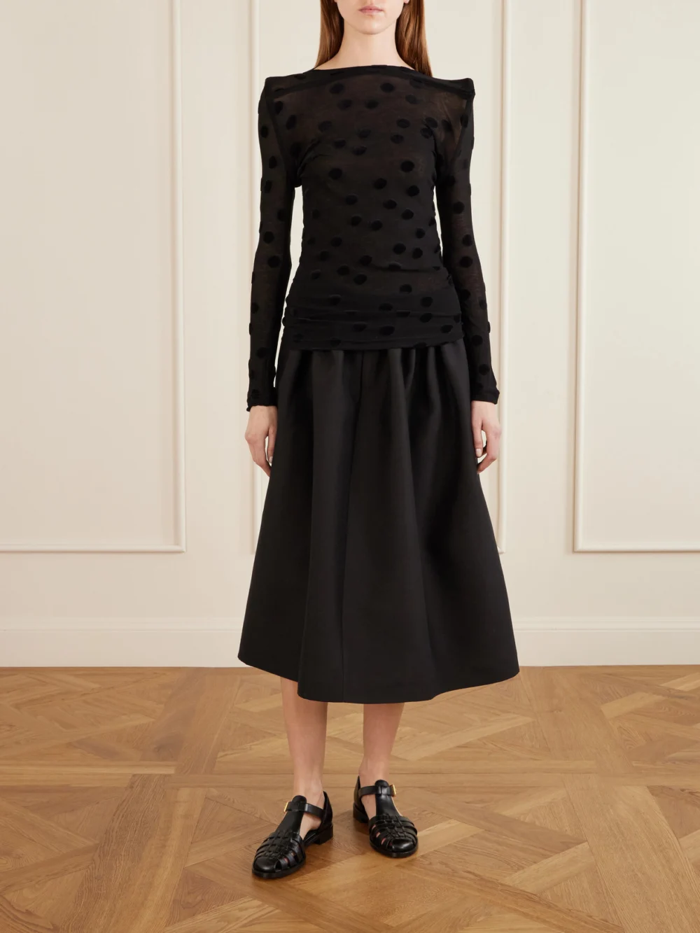 Junya Watanabe Polka-dot Flocked Cotton-jersey Blouse, worn by a model
