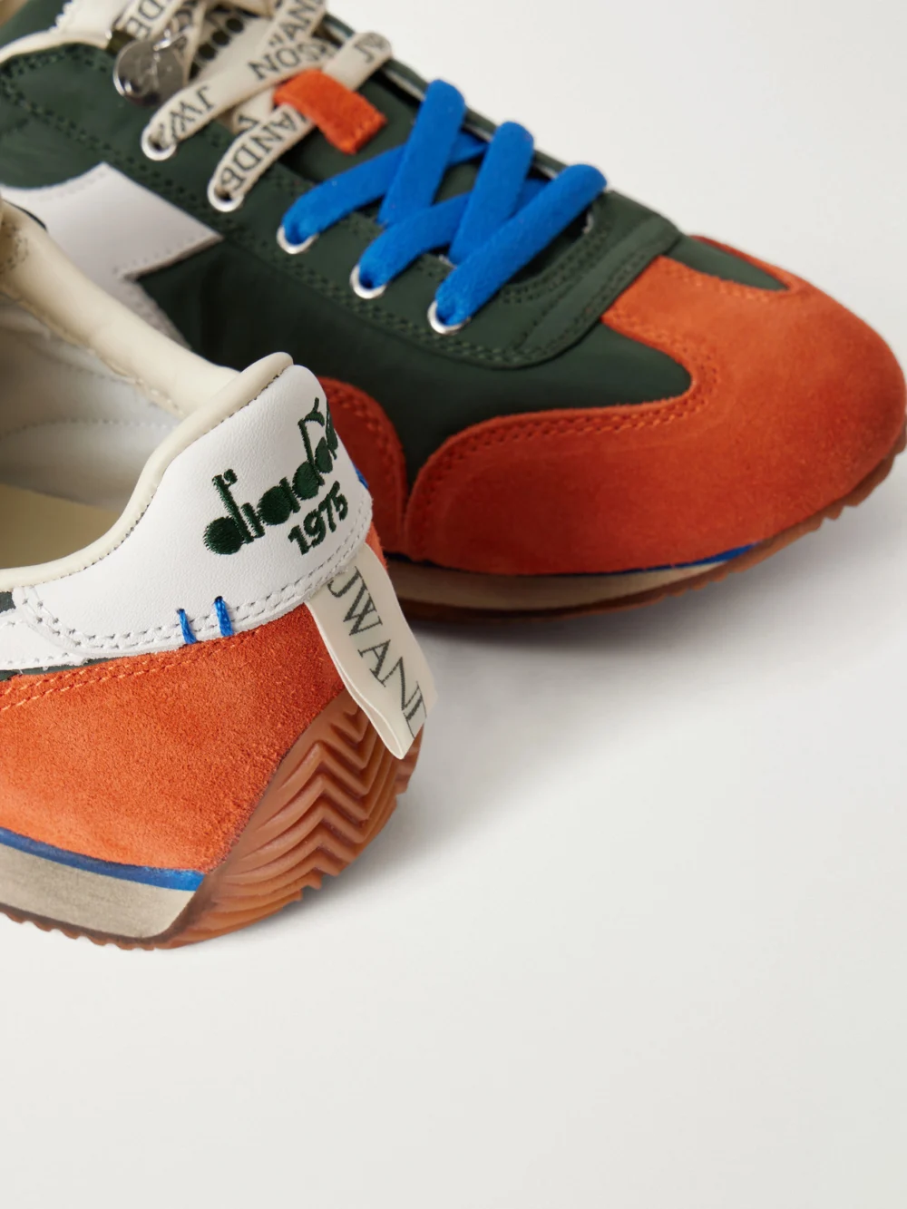 Close-up detail of the JW Anderson + Diadora Equipe Leather and Suede-trimmed Shell Sneakers