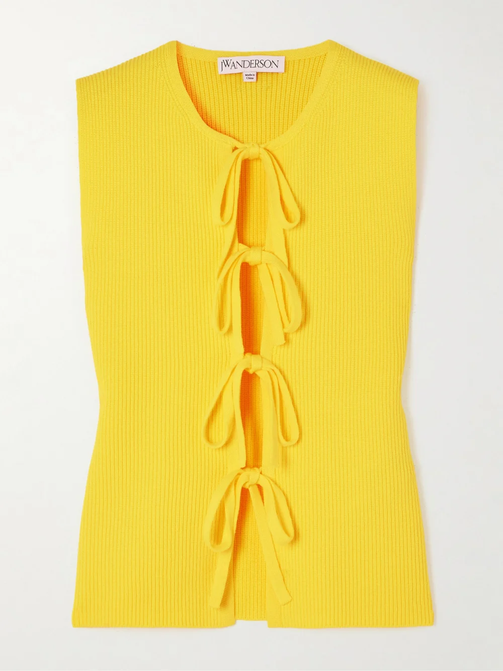 JW Anderson Tie-detailed Ribbed Cotton-blend Top in yellow