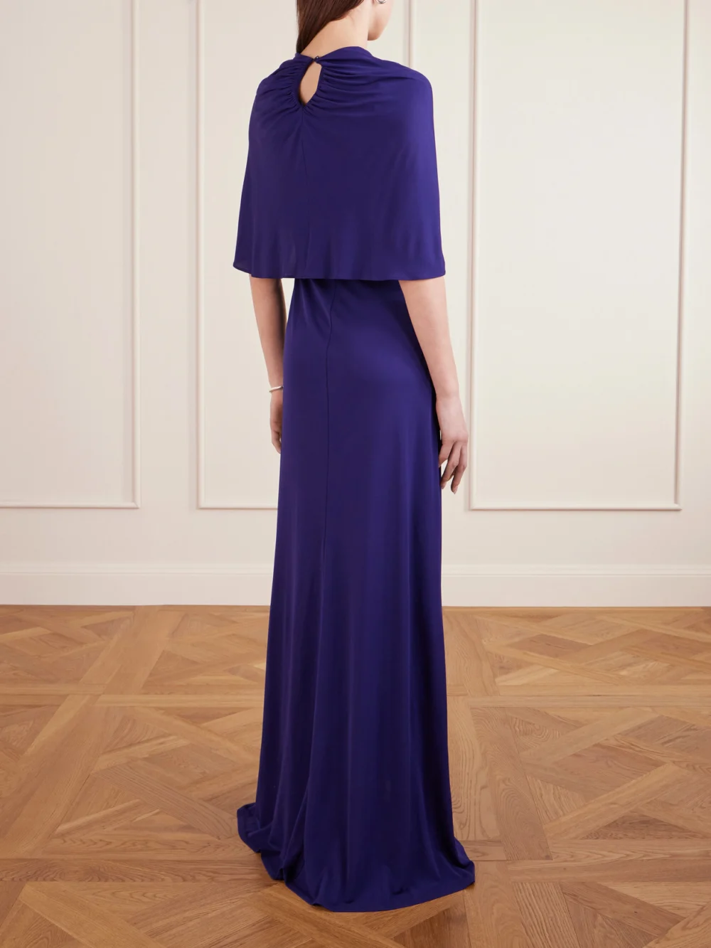 Back view of the Kallmeyer Matilda Ruched Cape-effect Jersey Gown