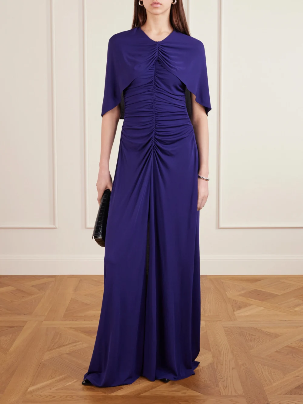 Kallmeyer Matilda Ruched Cape-effect Jersey Gown, worn by a model