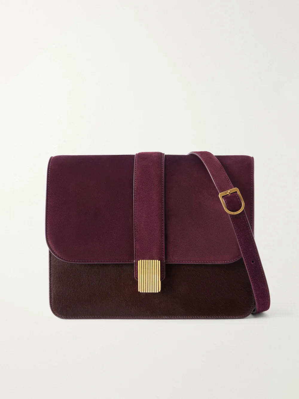 Khaite Blake Calf Hair-trimmed Suede Shoulder Bag in burgundy