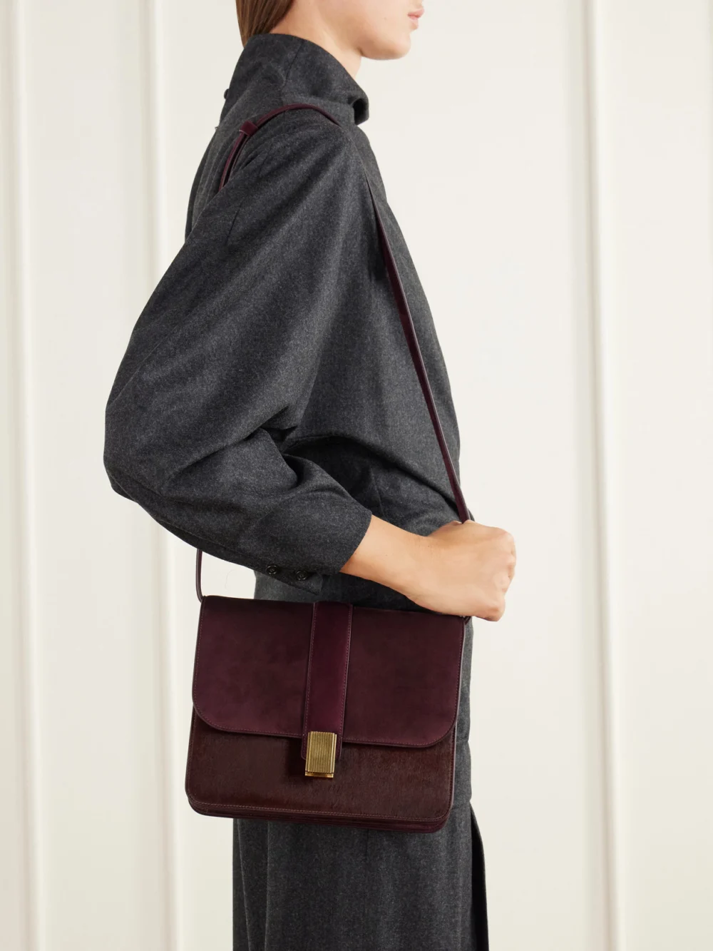 Khaite Blake Calf Hair-trimmed Suede Shoulder Bag, styled view