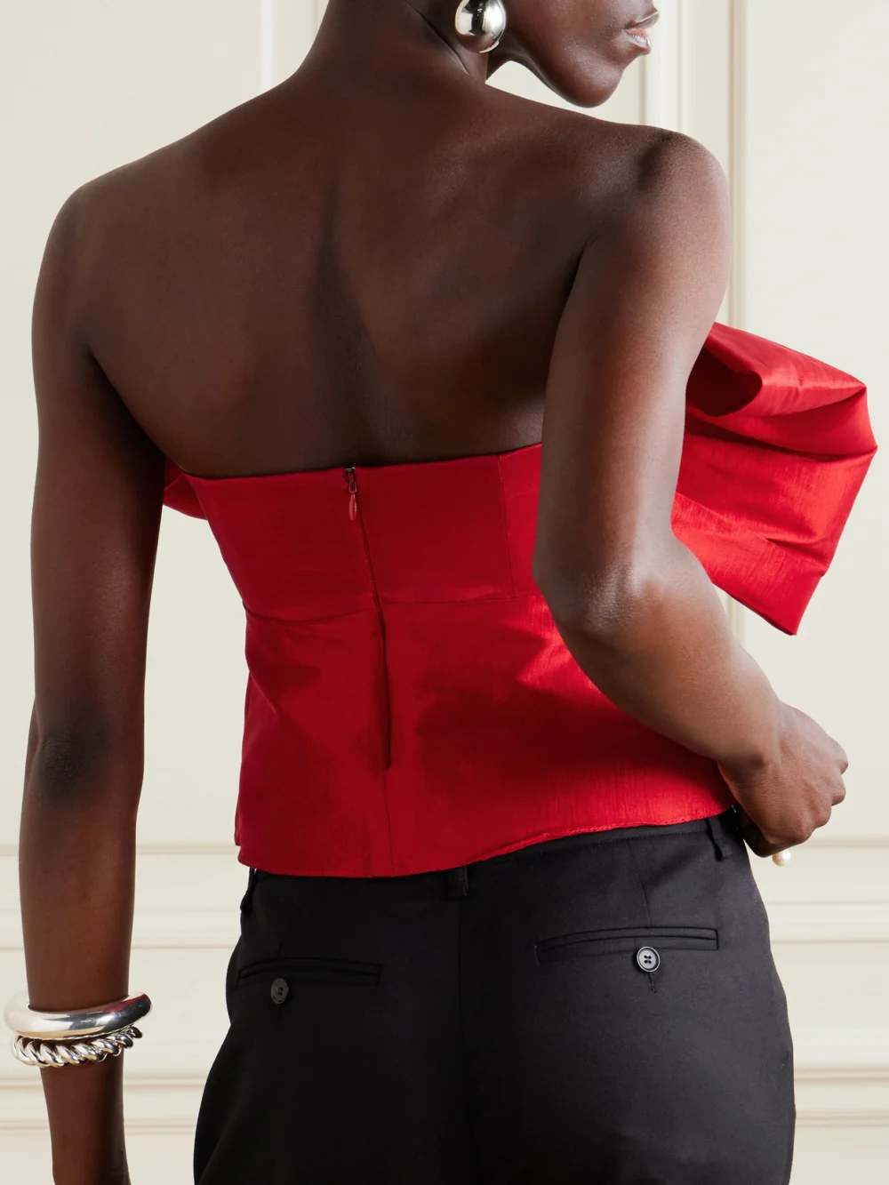 Back view of the Kika Vargas Faye Strapless Bow-embellished Taffeta Top