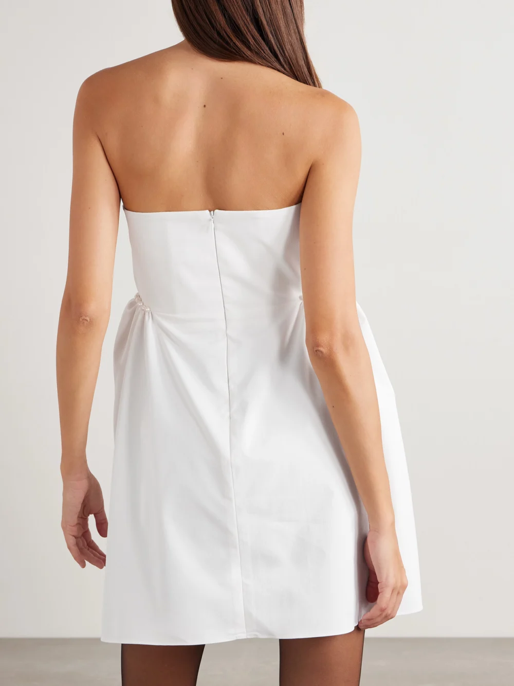 Back view of the Kika Vargas Fiona Strapless Faux Pearl-embellished Twisted Twill Mini Dress