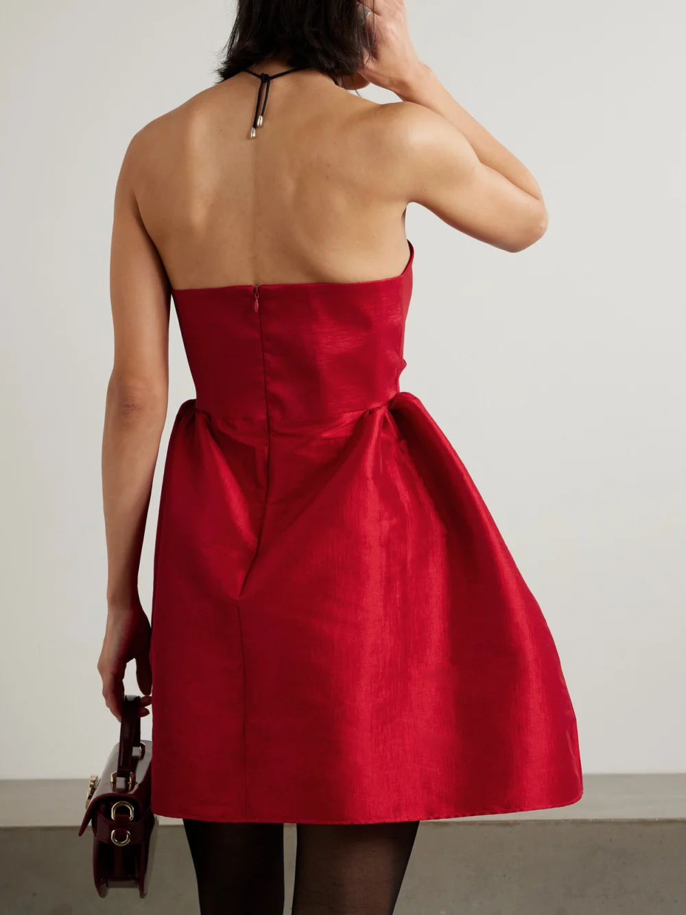 Back view of the Kika Vargas Fiona Strapless Twisted Taffeta Mini Dress