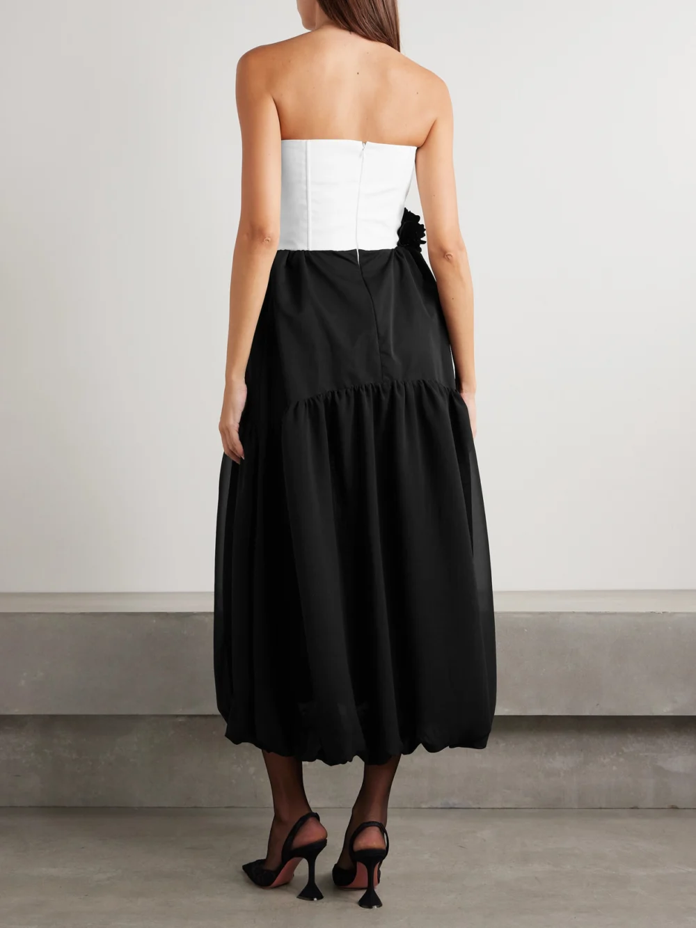 Back view of the Kika Vargas Glenn Strapless Appliquéd Twill Midi Dress