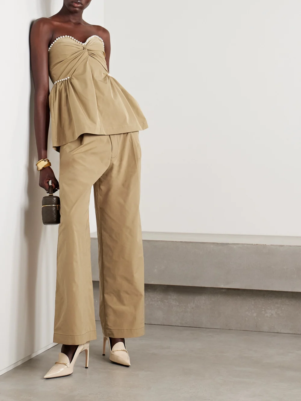 Kika Vargas Hebe Strapless Faux Pearl-embellished Woven Top, worn by a model