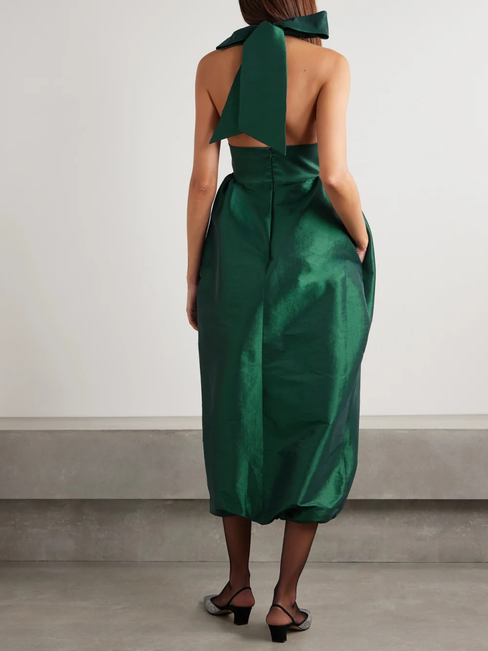Back view of the Kika Vargas Ivy Gathered Taffeta Halterneck Midi Dress