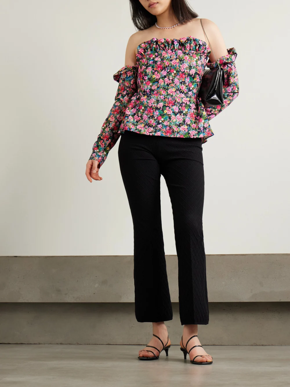 Kika Vargas Jacqueline Off-the-shoulder Floral-print Woven Peplum Top, worn by a model