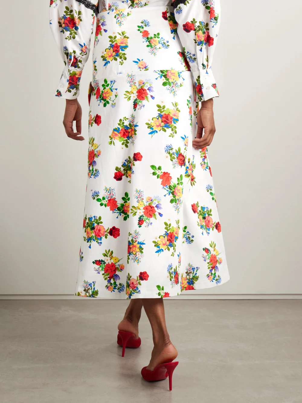 Back view of the Kika Vargas Maysie Wrap-effect Floral-print Cotton-blend Poplin Maxi Skirt