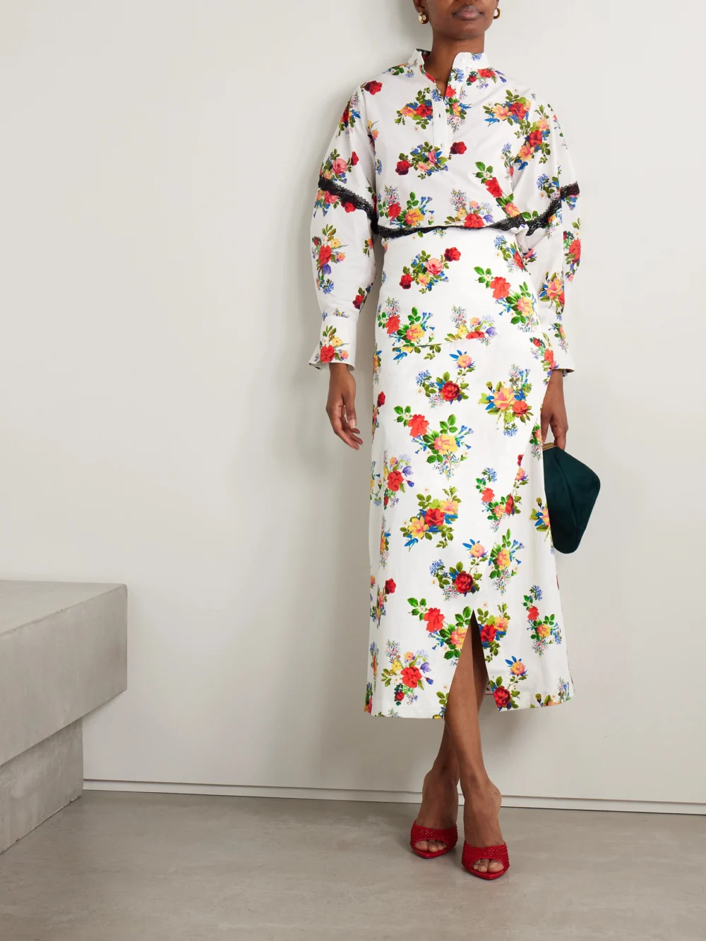 Kika Vargas Maysie Wrap-effect Floral-print Cotton-blend Poplin Maxi Skirt, worn by a model
