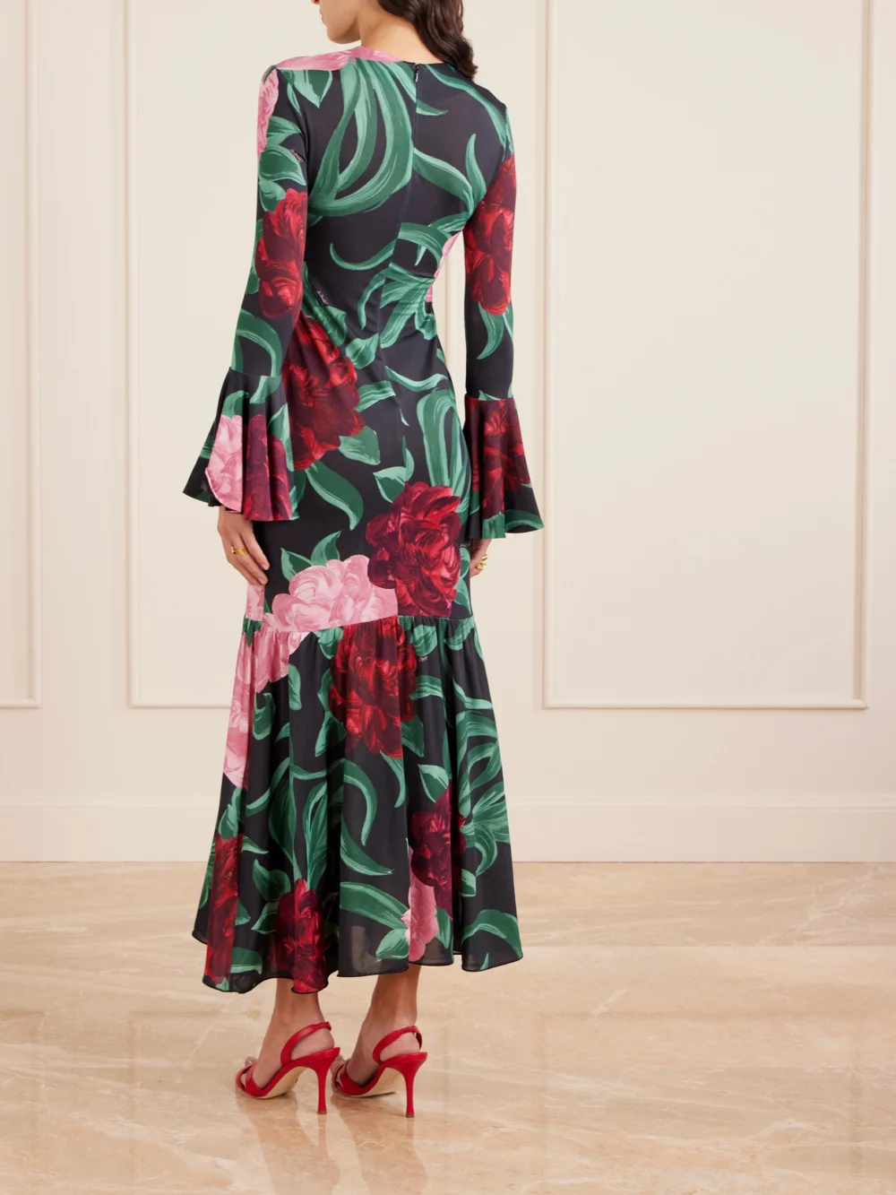 Back view of the La DoubleJ Alba Floral-print Stretch-jersey Maxi Dress