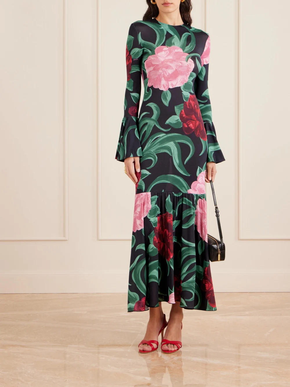 La DoubleJ Alba Floral-print Stretch-jersey Maxi Dress, worn by a model