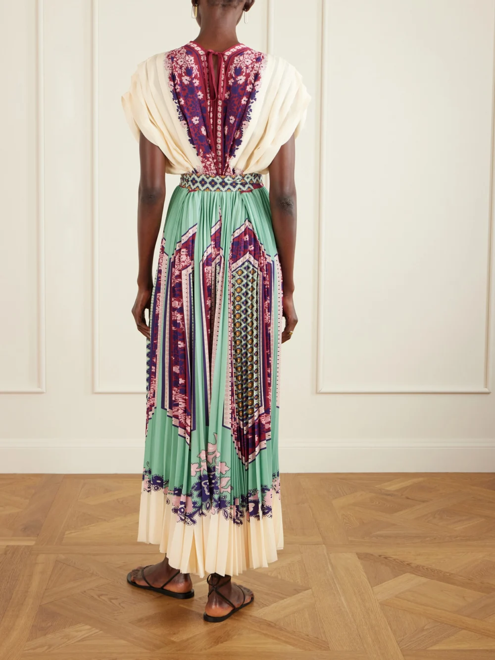 Back view of the La DoubleJ Belted Printed Pleated Crepe De Chine Maxi Dress