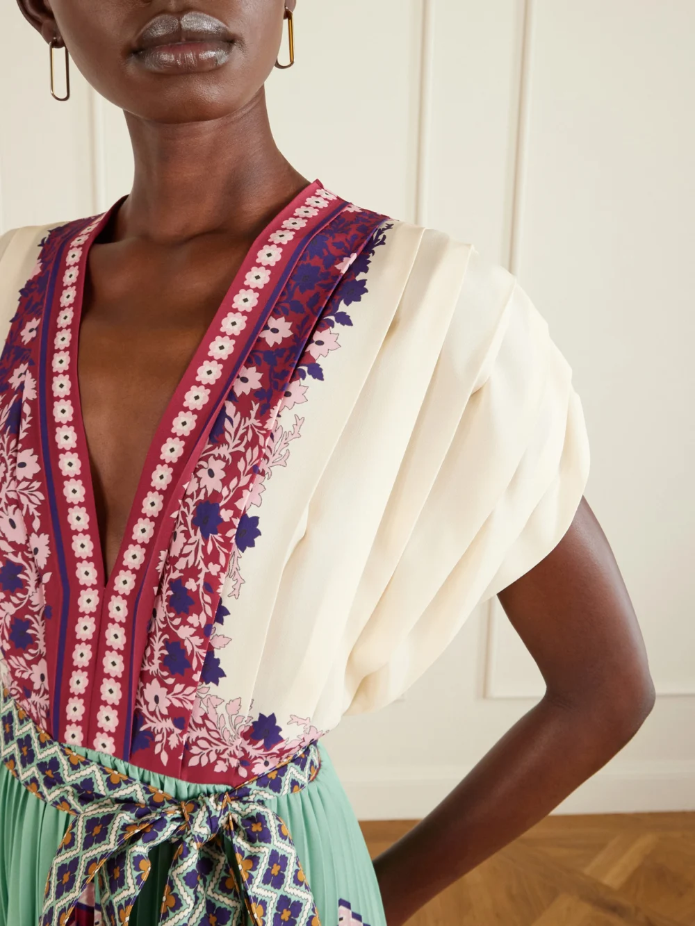 Close-up detail of the La DoubleJ Belted Printed Pleated Crepe De Chine Maxi Dress