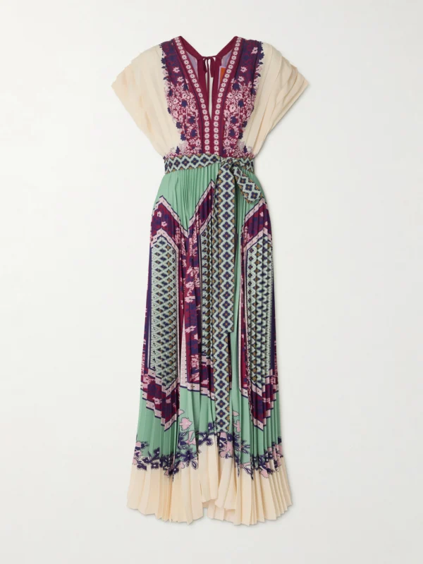 La DoubleJ Belted Printed Pleated Crepe De Chine Maxi Dress