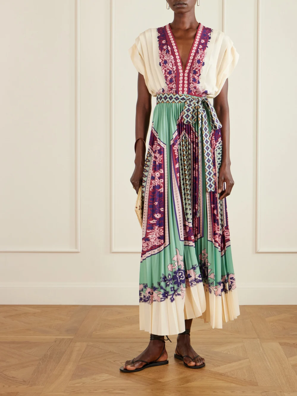 La DoubleJ Belted Printed Pleated Crepe De Chine Maxi Dress, worn by a model