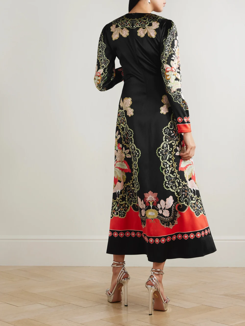 Back view of the La DoubleJ Icon Clingy Swing Floral-print Stretch-satin Maxi Dress