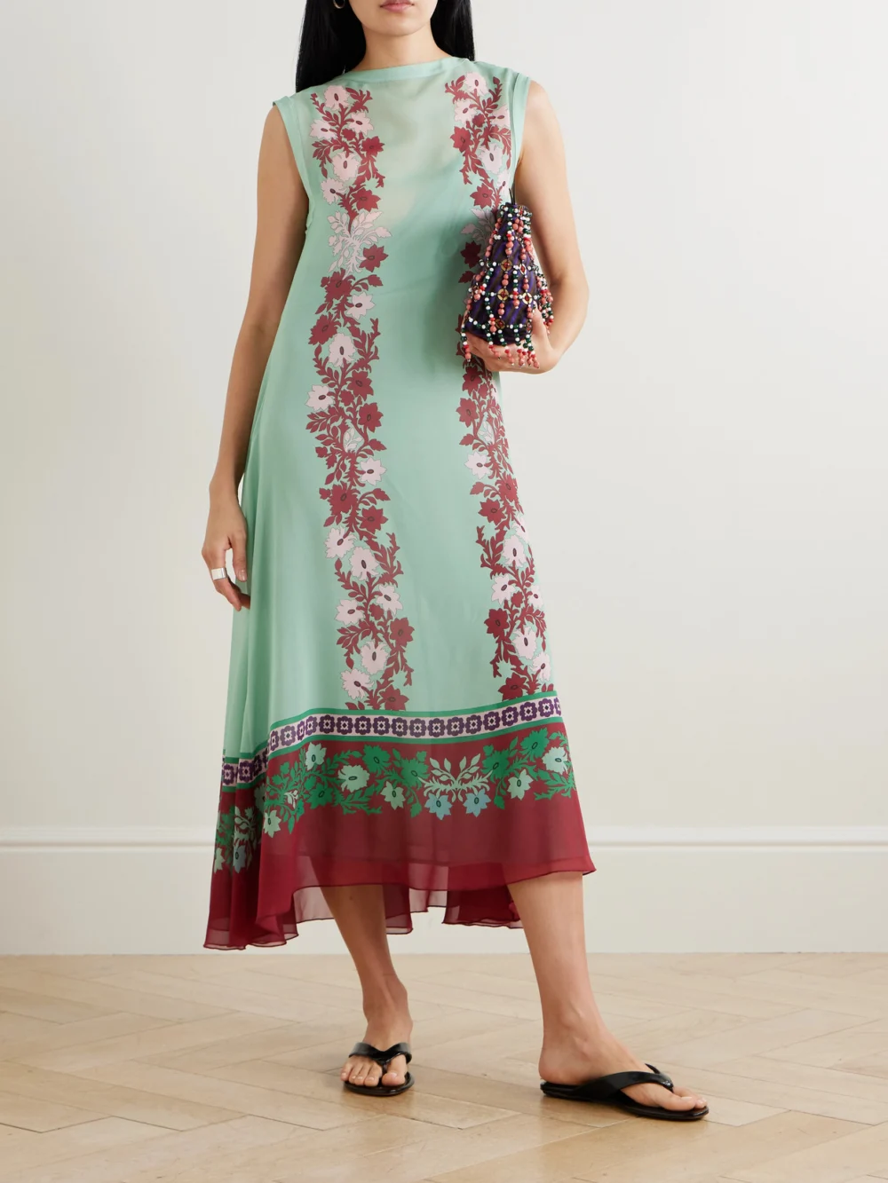 La DoubleJ Maria Printed Silk Midi Dress, worn by a model