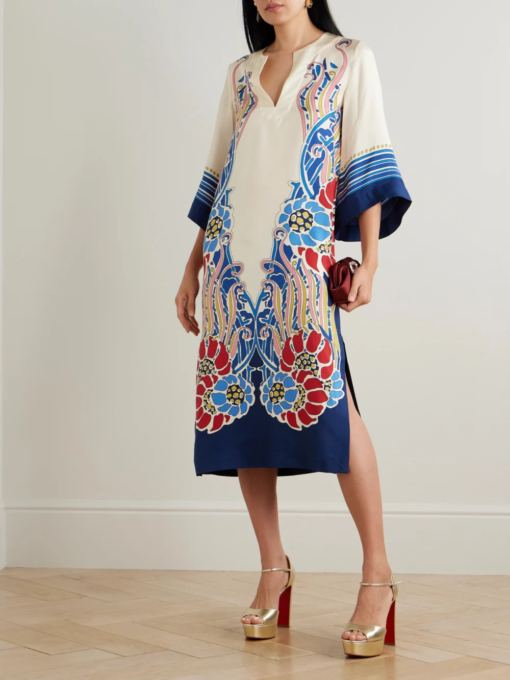 La DoubleJ Printed Silk-twill Midi Dress, worn by a model