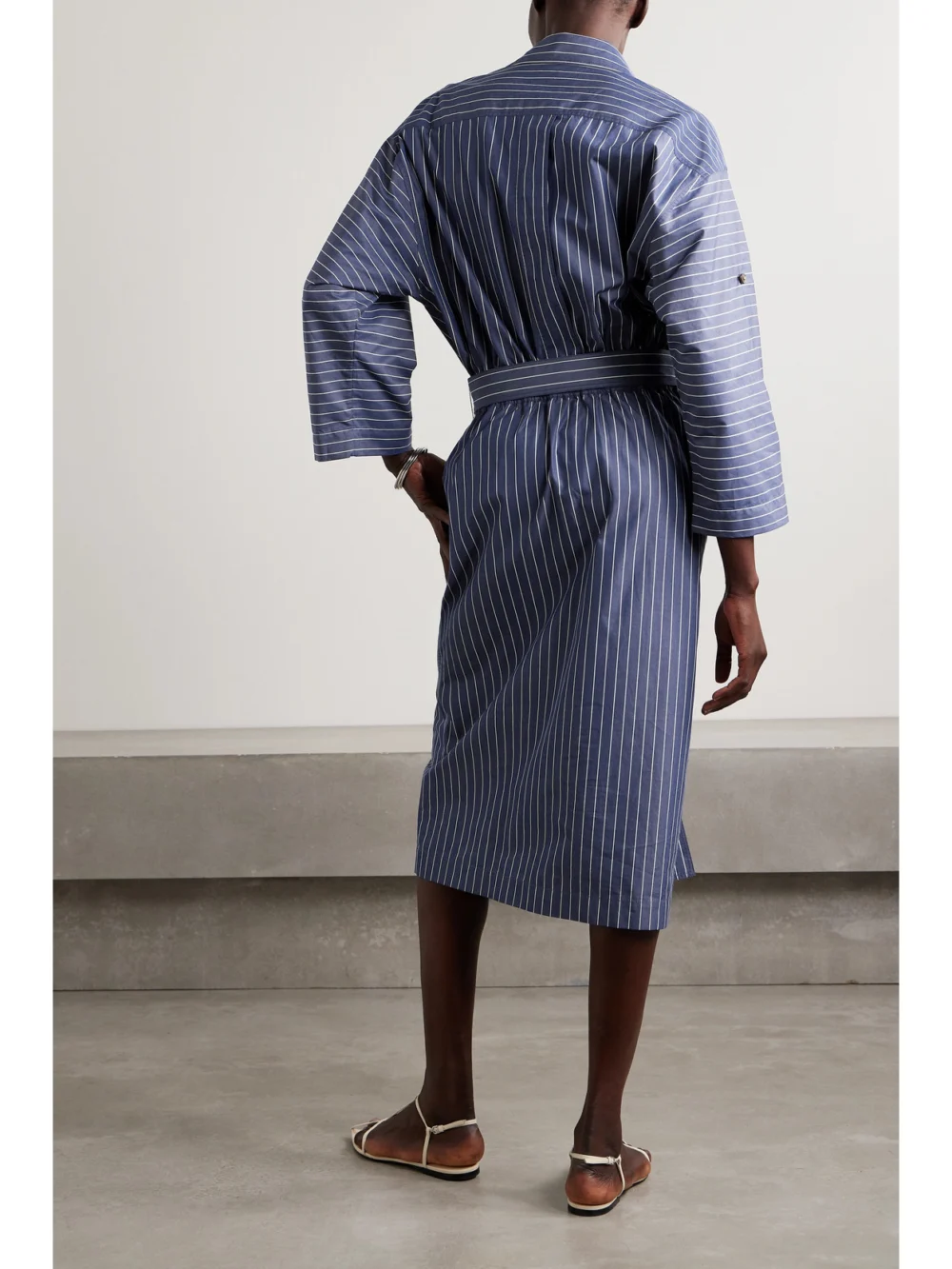 Back view of the Lafayette 148 Belted Striped Cotton-poplin Midi Shirt Dress