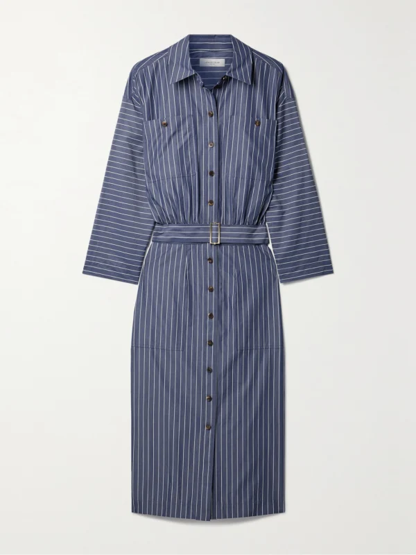 Lafayette 148 Belted Striped Cotton-poplin Midi Shirt Dress