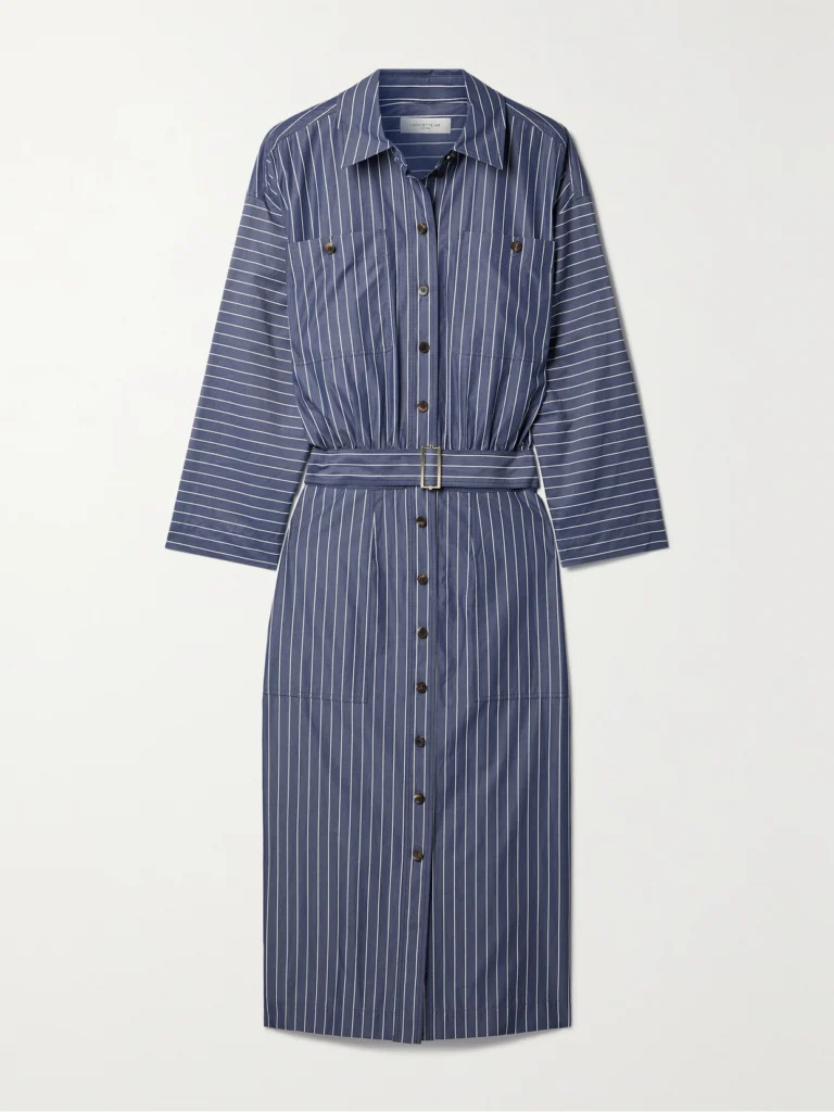 Lafayette 148 Belted Striped Cotton-poplin Midi Shirt Dress