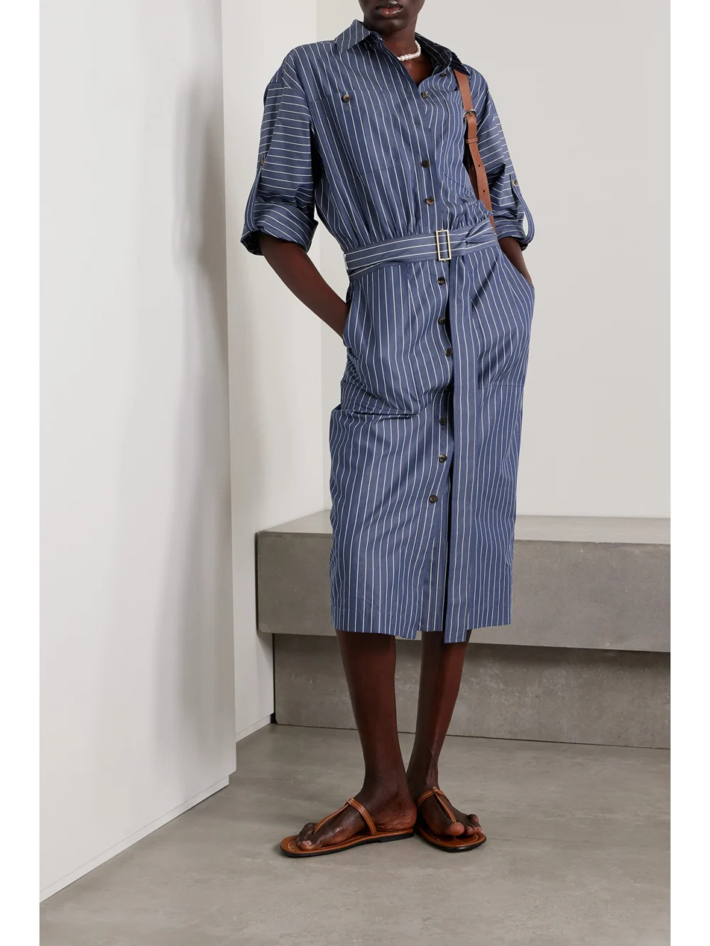 Lafayette 148 Belted Striped Cotton-poplin Midi Shirt Dress, worn by a model