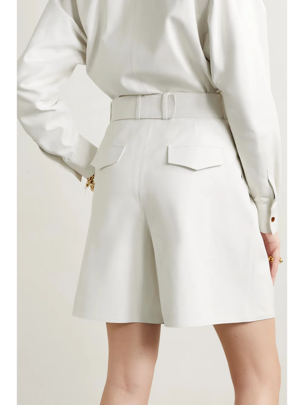 Back view of the Lafayette 148 Myrtle Belted Pleated Leather Shorts