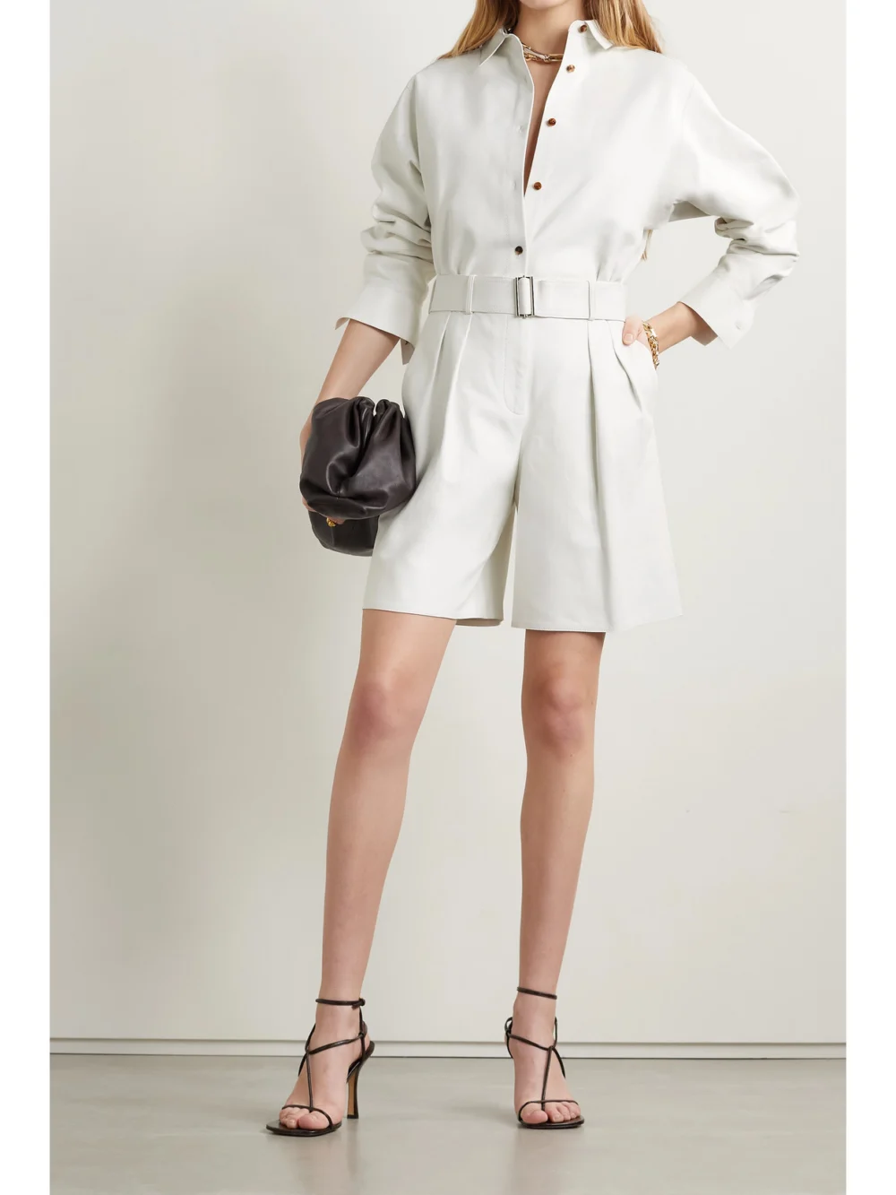 Lafayette 148 Myrtle Belted Pleated Leather Shorts, worn by a model