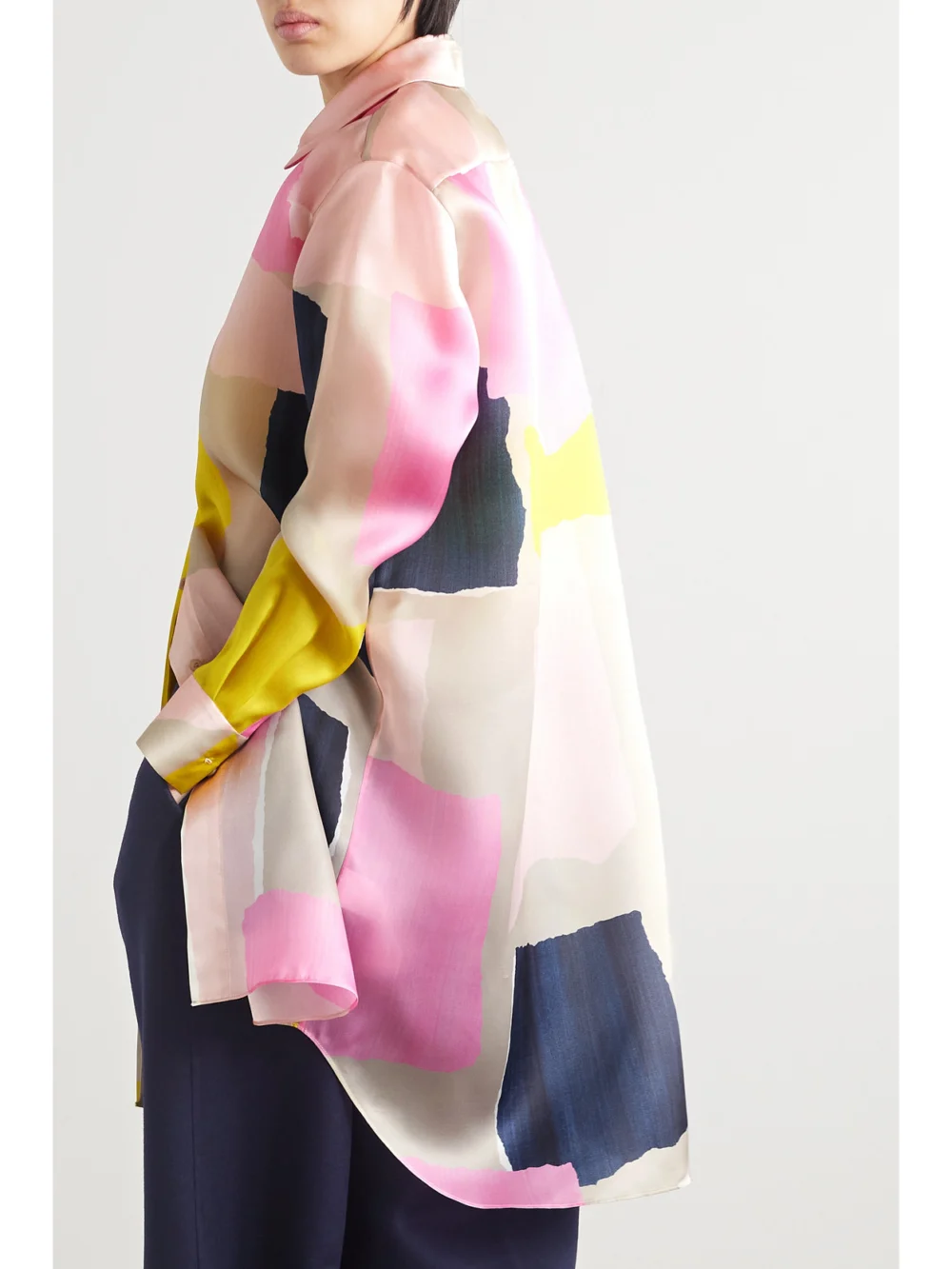 Back view of the Lafayette 148 Oversized Printed Silk-satin Shirt