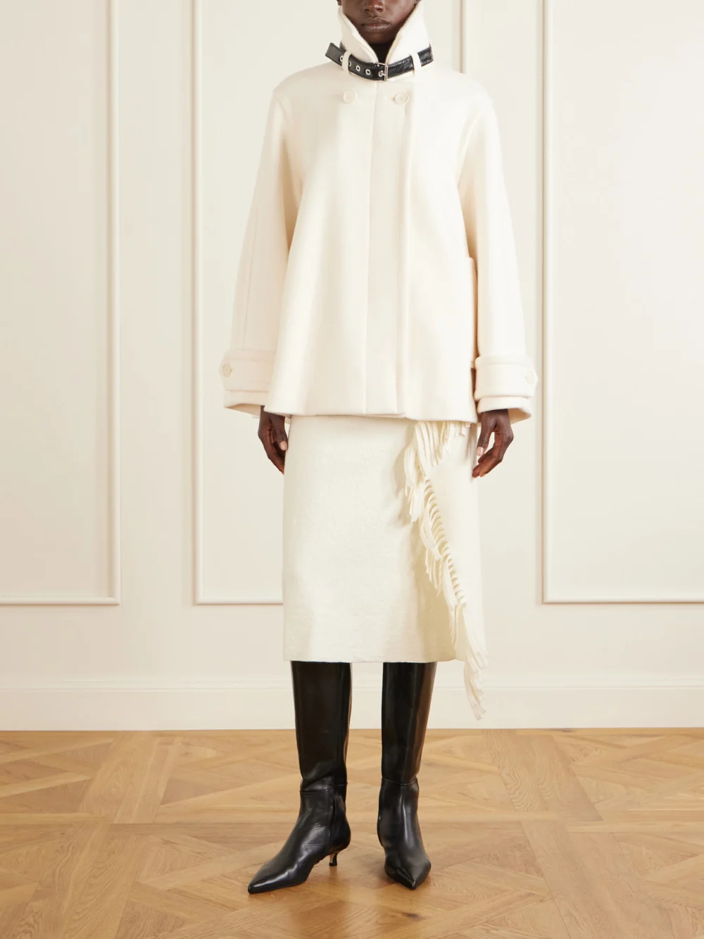 Lanvin Belted Leather-trimmed Wool Trench Coat, worn by a model