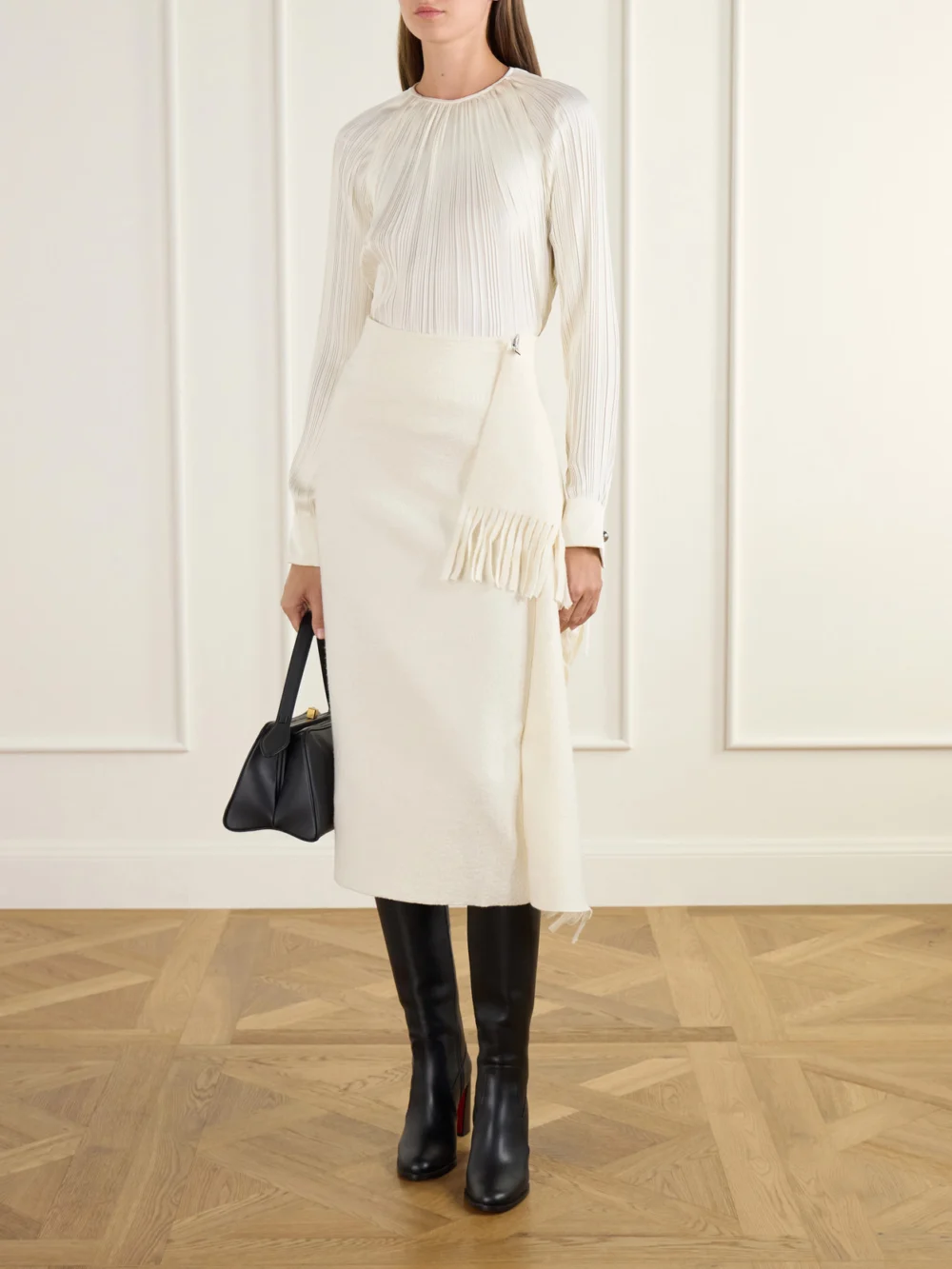 Lanvin Pleated Charmeuse Blouse, worn by a model