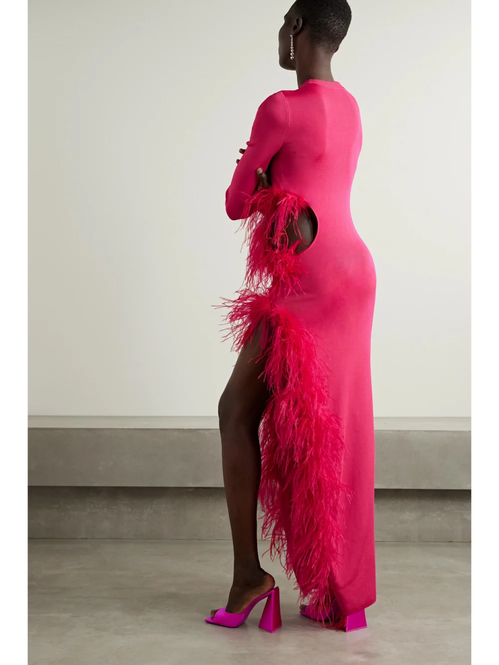 Back view of the Lapointe Cutout Feather-trimmed Stretch-knit Maxi Dress