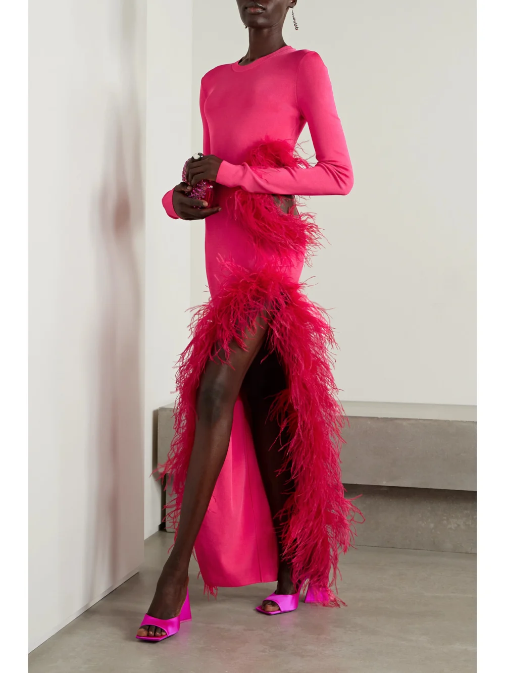 Lapointe Cutout Feather-trimmed Stretch-knit Maxi Dress, worn by a model