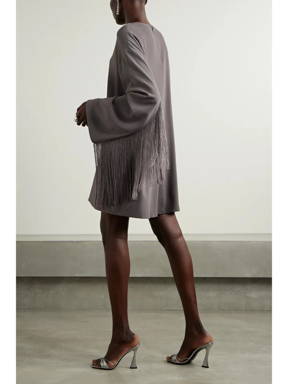 Back view of the Lapointe Fringed Crepe Mini Dress