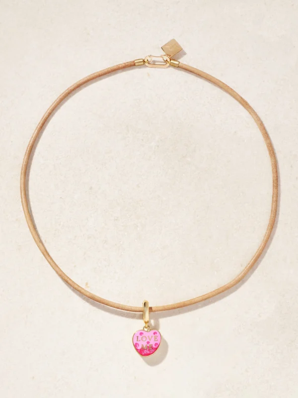 Lauren Rubinski Love Me 14-karat Gold, Enamel and Cord Necklace