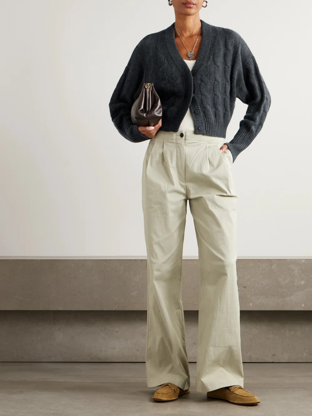 Le Kasha Baulieu Cable-knit Organic Cashmere Cardigan, worn by a model