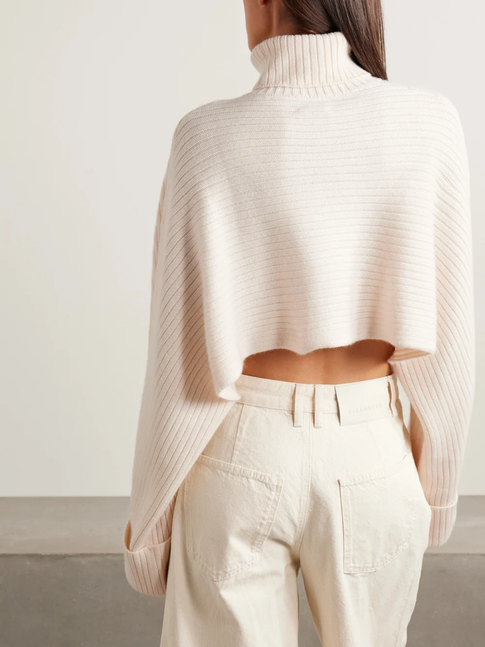 Back view of the Le Kasha Gida Cropped Ribbed Organic Cashmere Turtleneck Sweater
