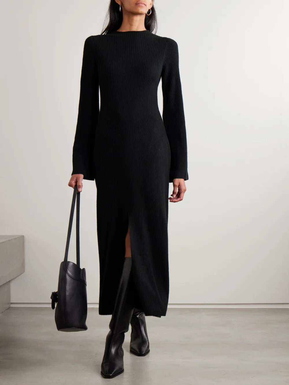 Le Kasha Logan Ribbed Organic Cashmere Midi Dress, worn by a model
