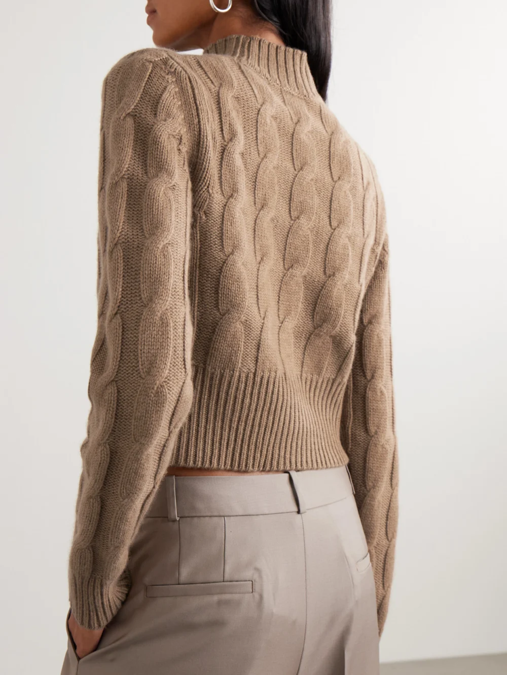 Back view of the Le Kasha Murano Cropped Cable-knit Organic Cashmere Turtleneck Sweater