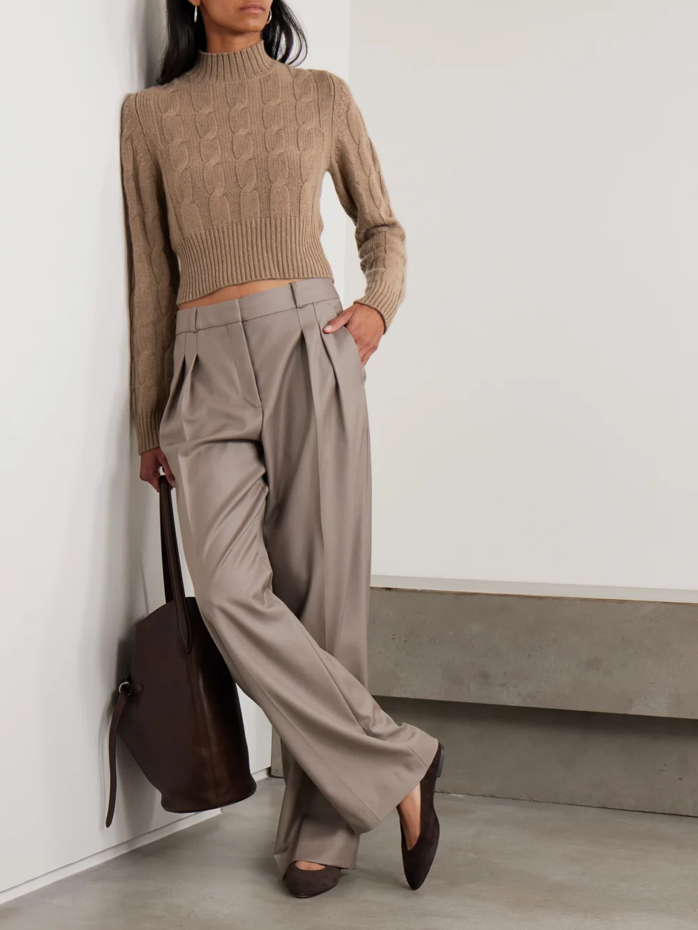 Le Kasha Murano Cropped Cable-knit Organic Cashmere Turtleneck Sweater, worn by a model