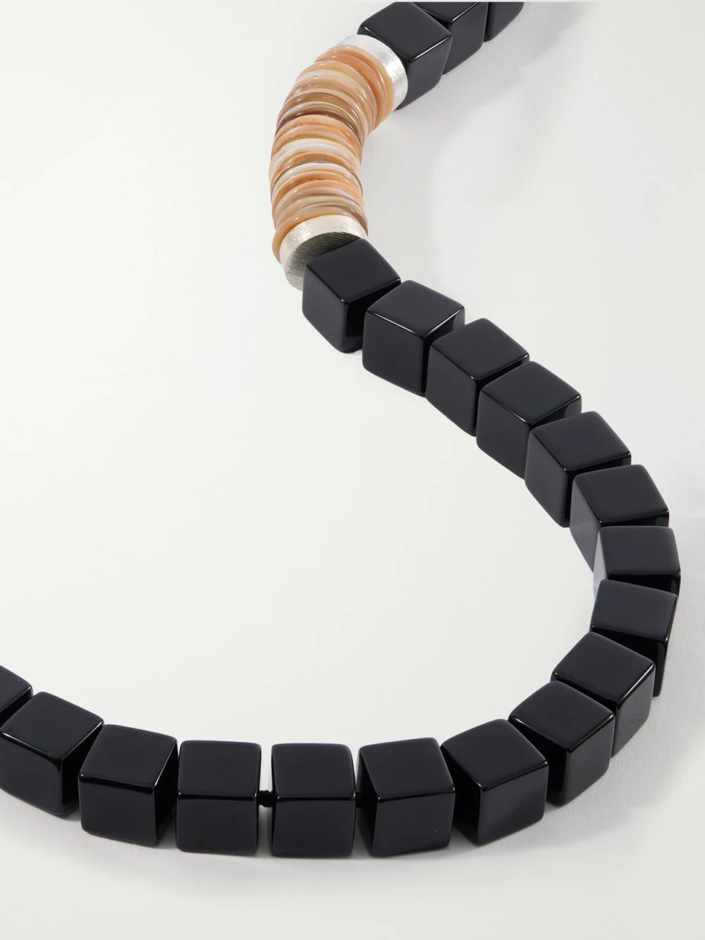 Close-up detail of the Le Sundial Dune Sterling Silver, Onyx and Mother-of-pearl Beaded Necklace