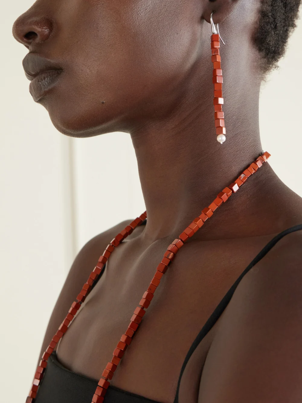 Le Sundial Inès Sterling Silver, Jasper and Pearl Earrings, styled view